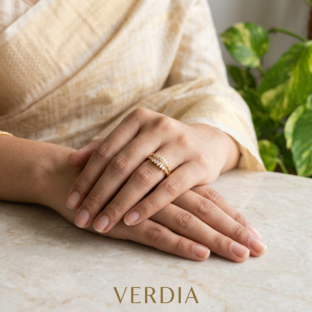 Gold-Tone Premium Baguette Chevron AD Ring for Women - Glossy Finish - Adjustable Size
