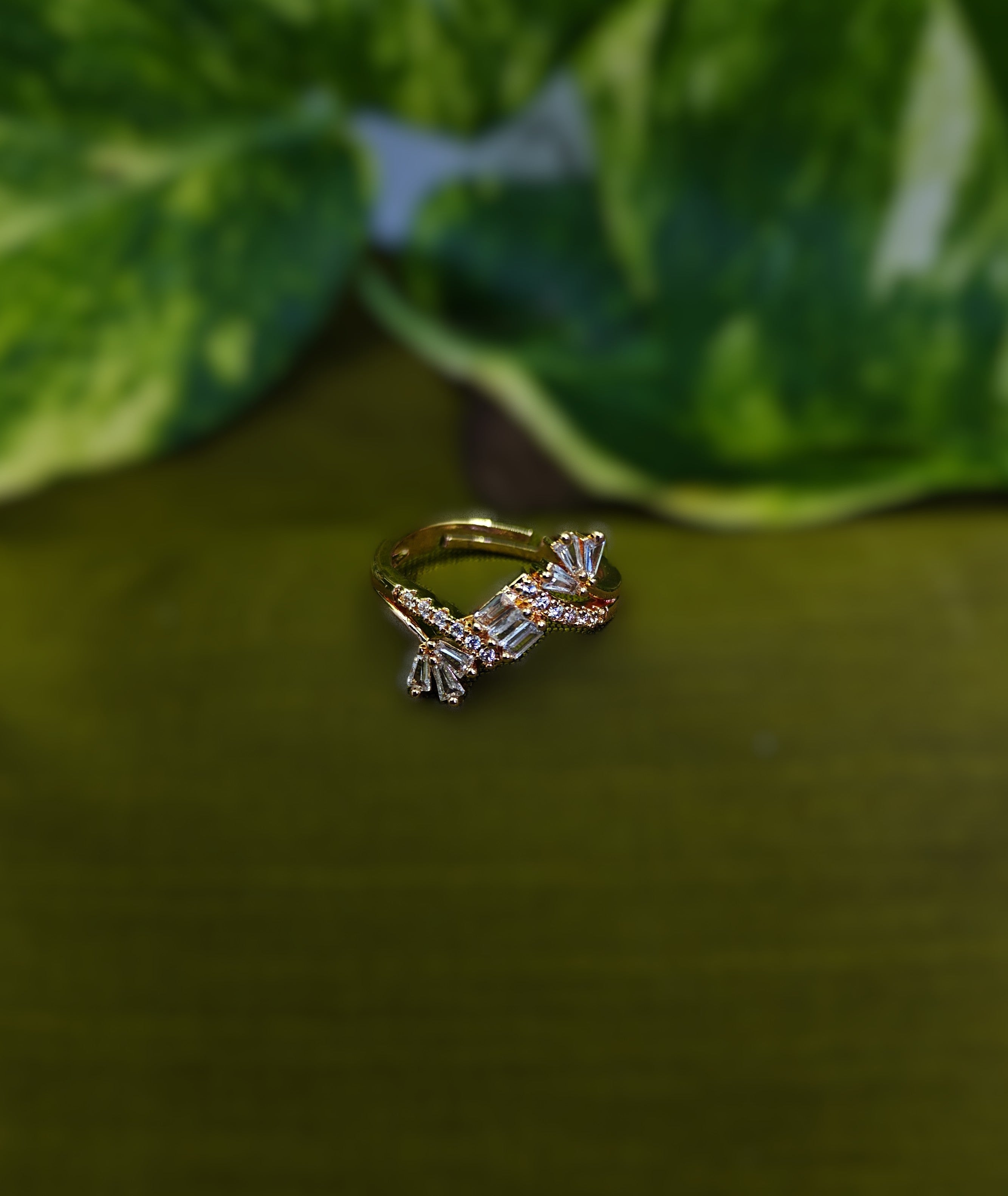 Gold-Tone Premium Baguette Bow AD Ring for Women - Glossy Finish - Adjustable Size