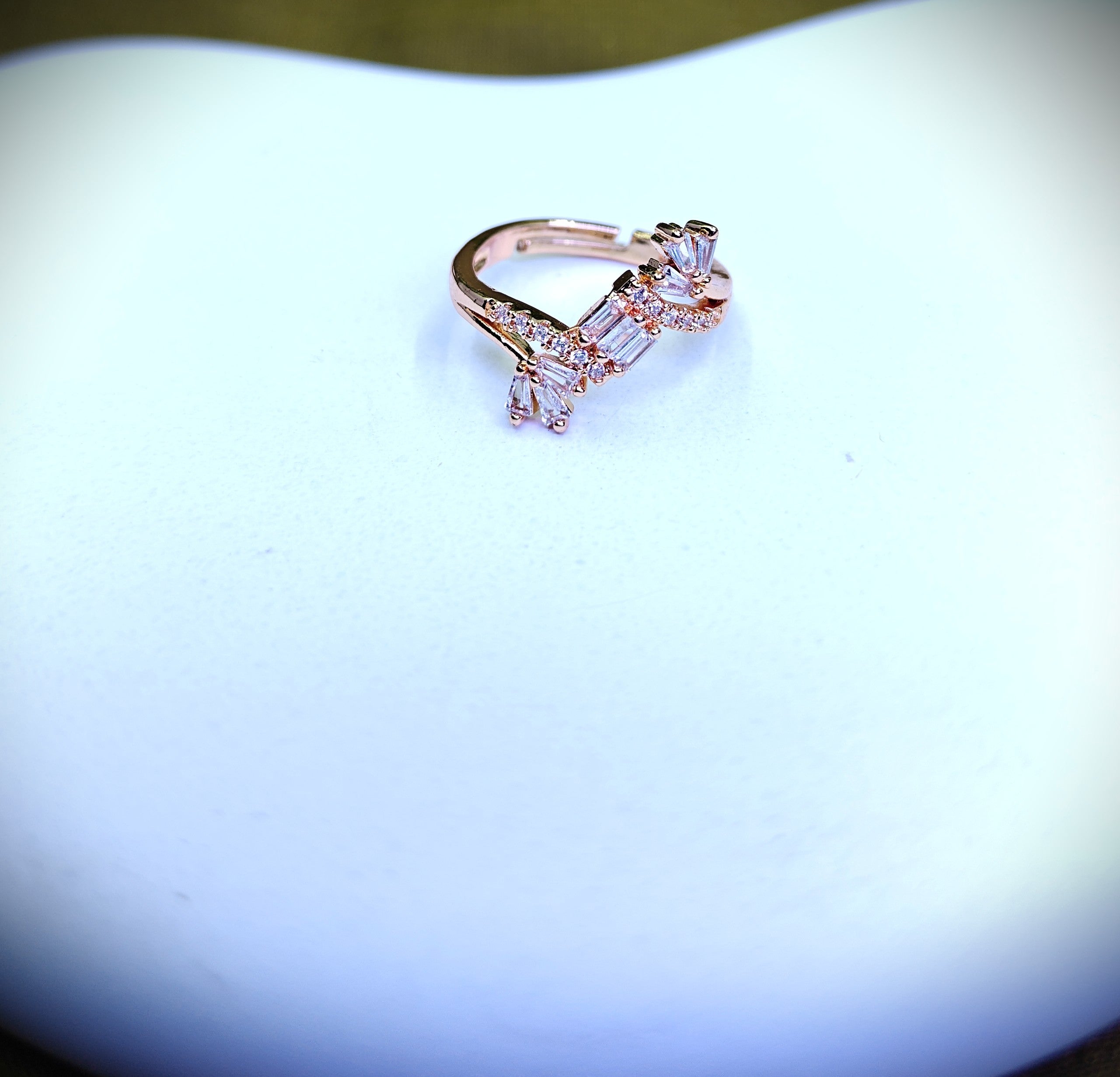 Gold-Tone Premium Baguette Bow AD Ring for Women - Glossy Finish - Adjustable Size