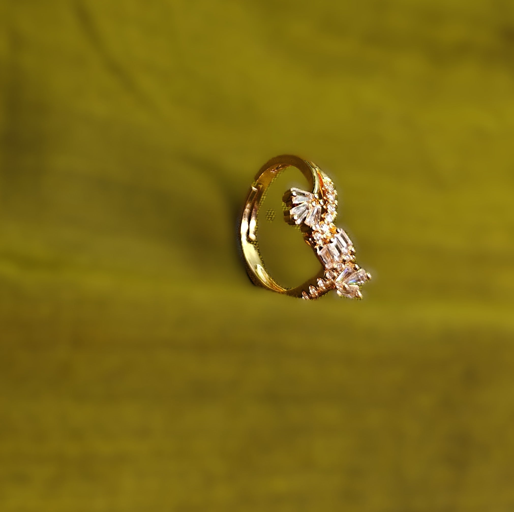 Gold-Tone Premium Baguette Bow AD Ring for Women - Glossy Finish - Adjustable Size