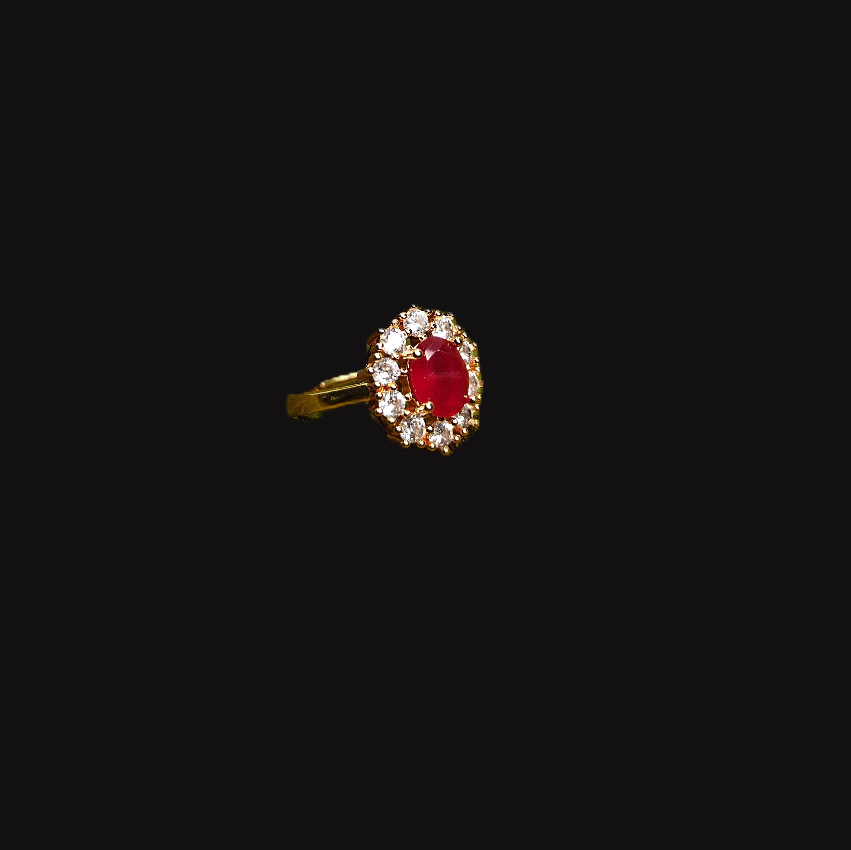 Gold-Tone Premium Ruby Oval Halo AD Ring for Women - Glossy Finish - Adjustable Size