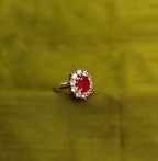 Gold-Tone Premium Ruby Oval Halo AD Ring for Women - Glossy Finish - Adjustable Size