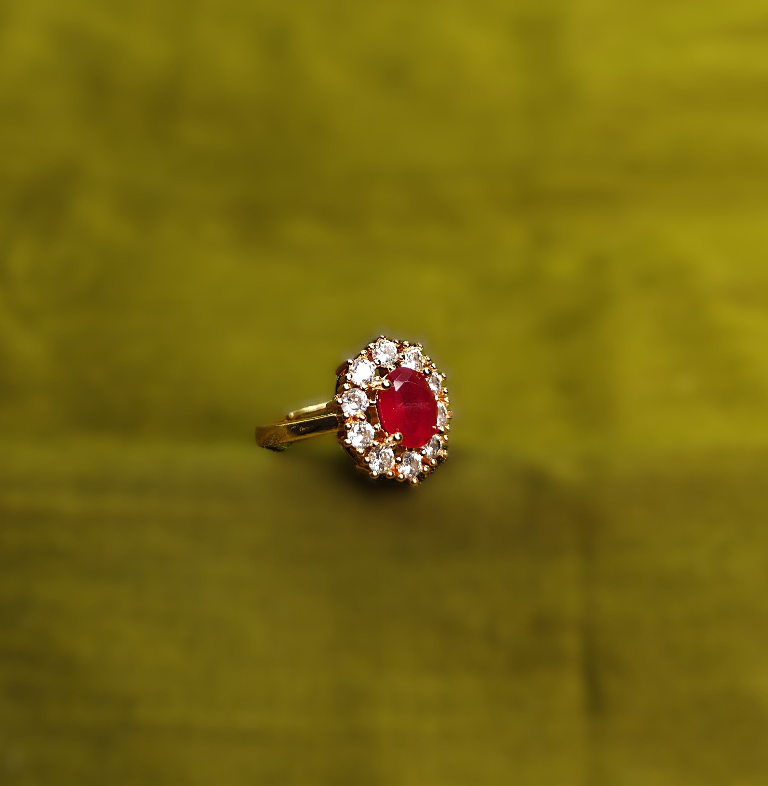 Gold-Tone Premium Ruby Oval Halo AD Ring for Women - Glossy Finish - Adjustable Size