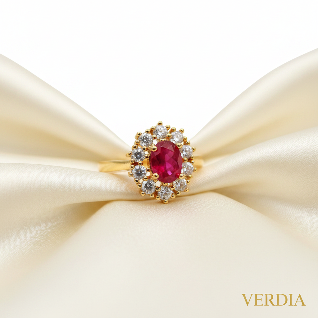 Gold-Tone Premium Ruby Oval Halo AD Ring for Women - Glossy Finish - Adjustable Size