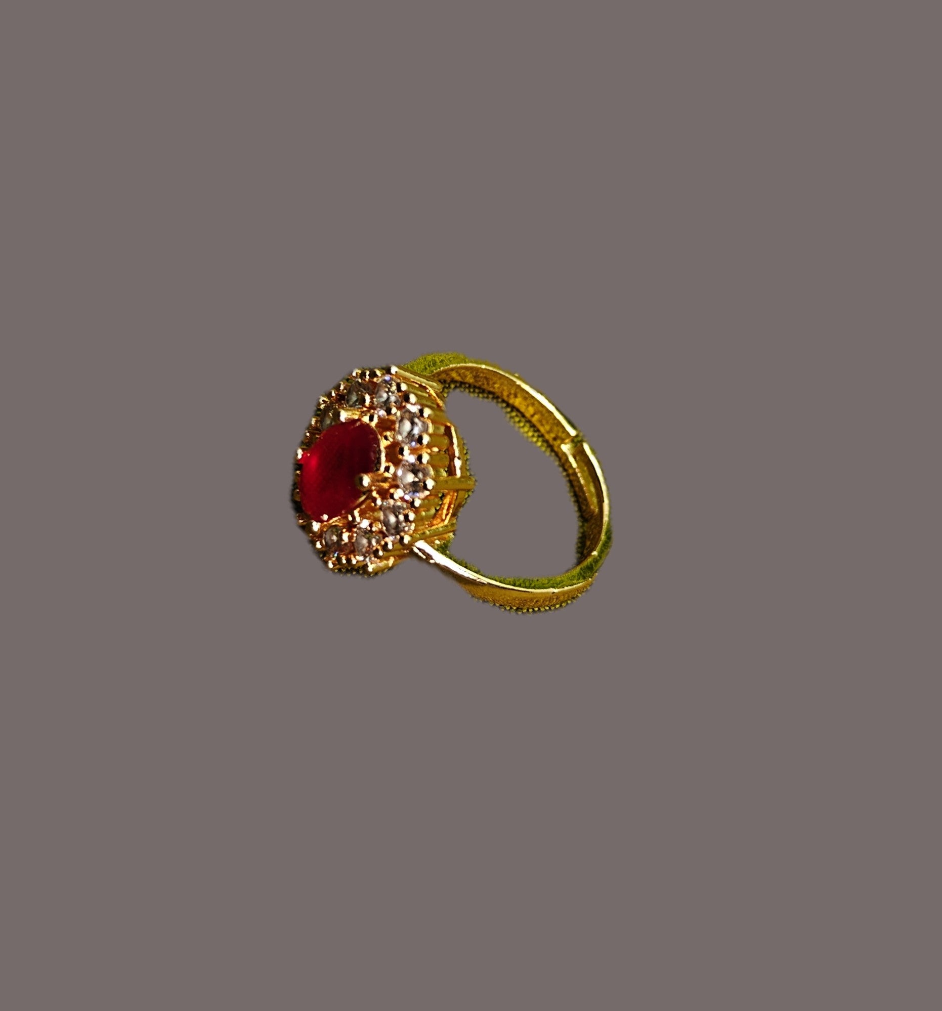 Gold-Tone Premium Ruby Oval Halo AD Ring for Women - Glossy Finish - Adjustable Size