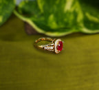 Gold-Tone Premium Ruby Oval Halo Small AD Ring for Women - Glossy Finish - Adjustable Size
