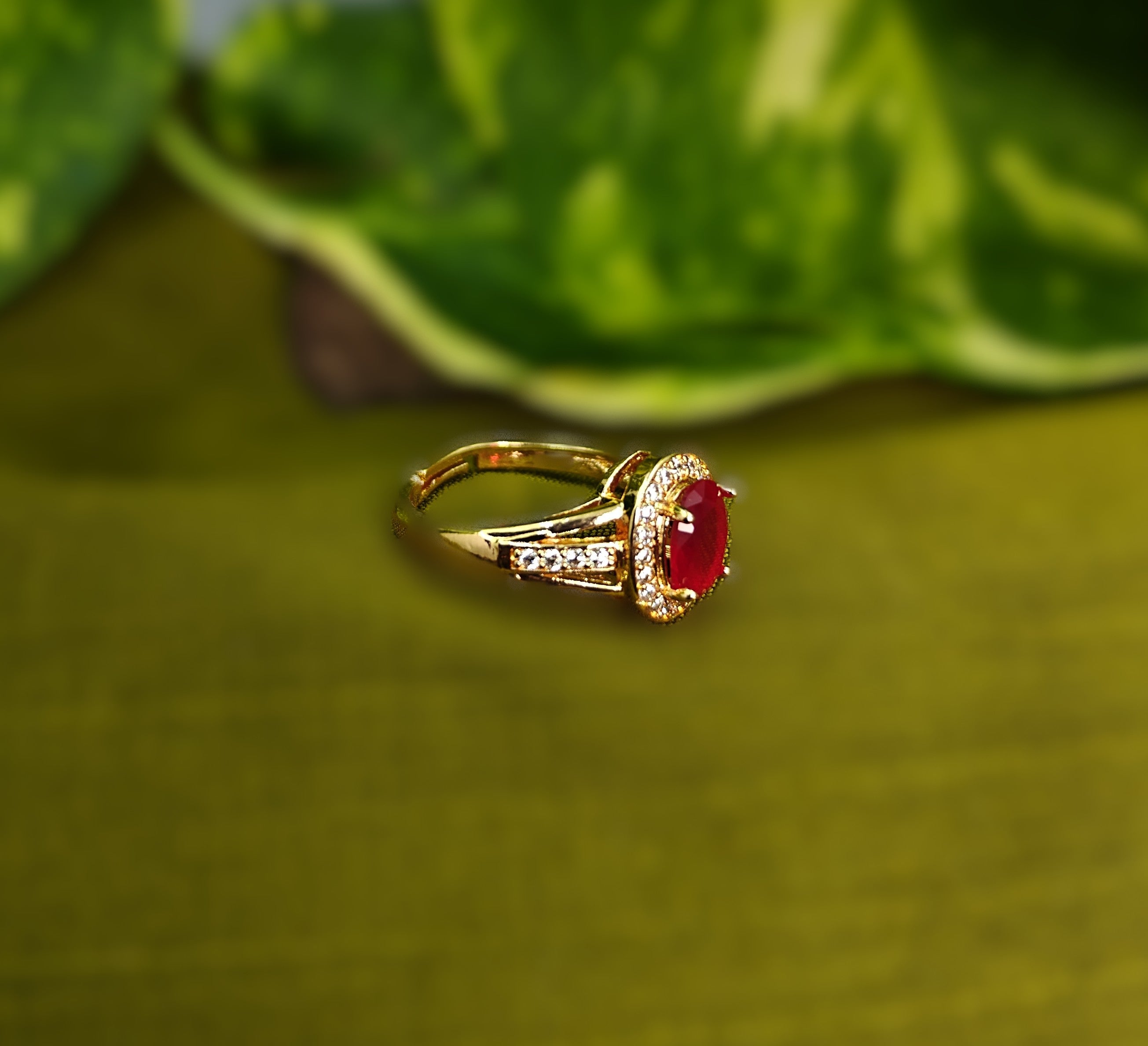 Gold-Tone Premium Ruby Oval Halo Small AD Ring for Women - Glossy Finish - Adjustable Size