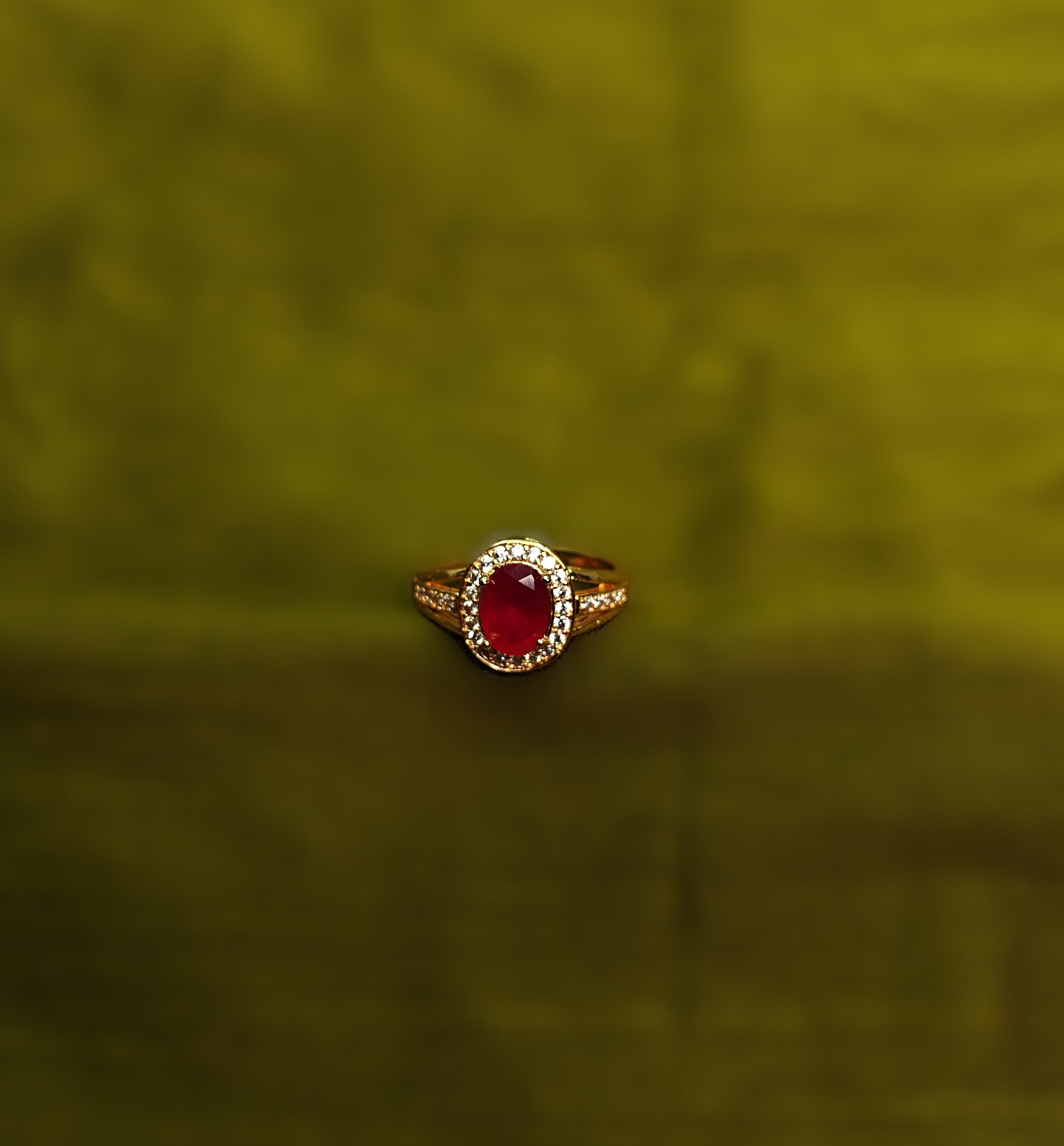 Gold-Tone Premium Ruby Oval Halo Small AD Ring for Women - Glossy Finish - Adjustable Size