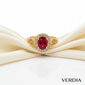 Gold-Tone Premium Ruby Oval Halo Small AD Ring for Women - Glossy Finish - Adjustable Size