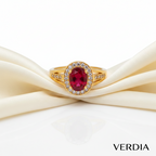 Gold-Tone Premium Ruby Oval Halo Small AD Ring for Women - Glossy Finish - Adjustable Size