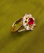 Gold-Tone Premium Ruby Oval Halo AD Ring with Floral Pattern for Women - Glossy Finish - Adjustable Size