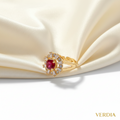 Gold-Tone Premium Ruby Oval Halo AD Ring with Floral Pattern for Women - Glossy Finish - Adjustable Size