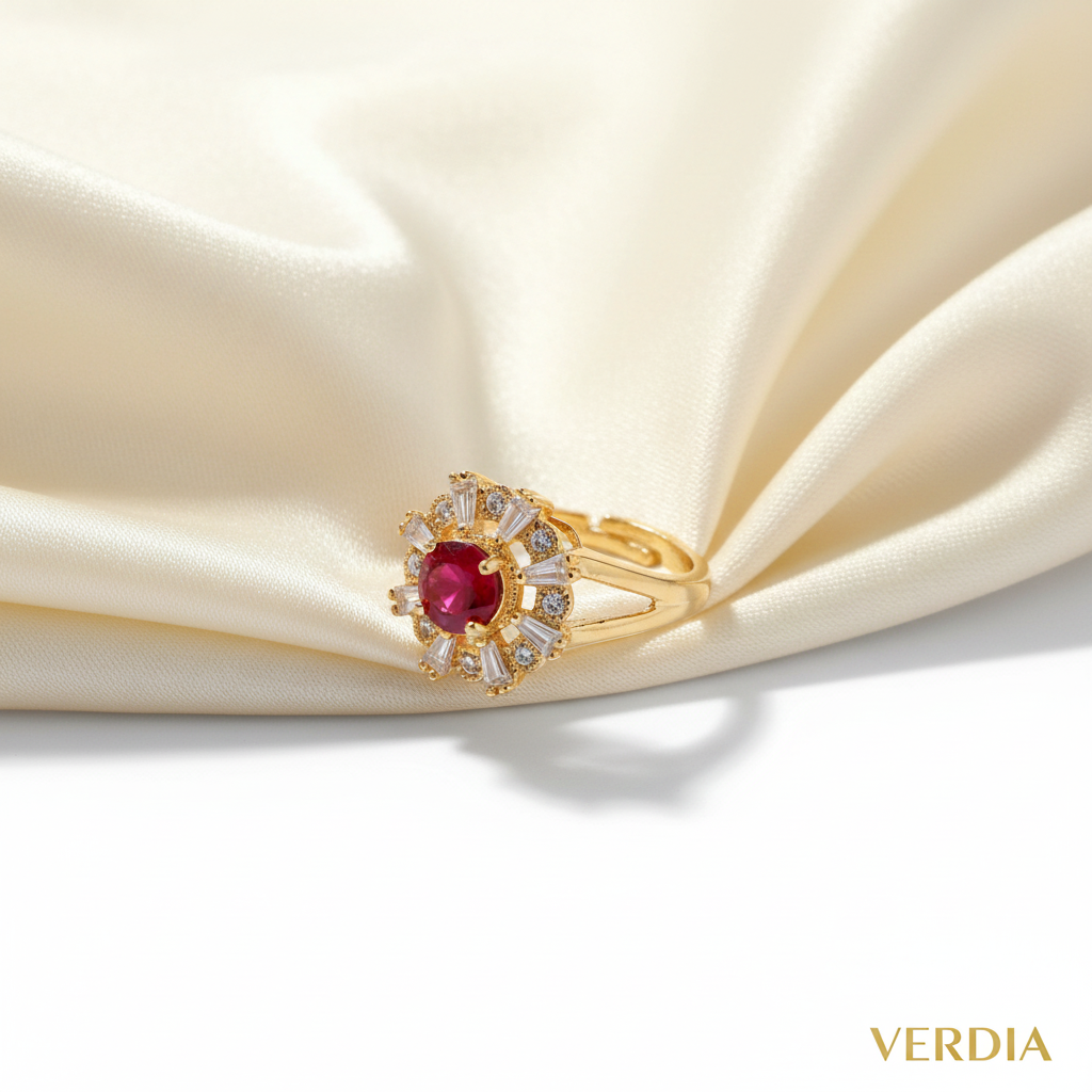 Gold-Tone Premium Ruby Oval Halo AD Ring with Floral Pattern for Women - Glossy Finish - Adjustable Size