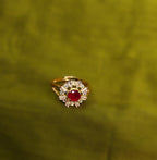 Gold-Tone Premium Ruby Oval Halo AD Ring with Floral Pattern for Women - Glossy Finish - Adjustable Size