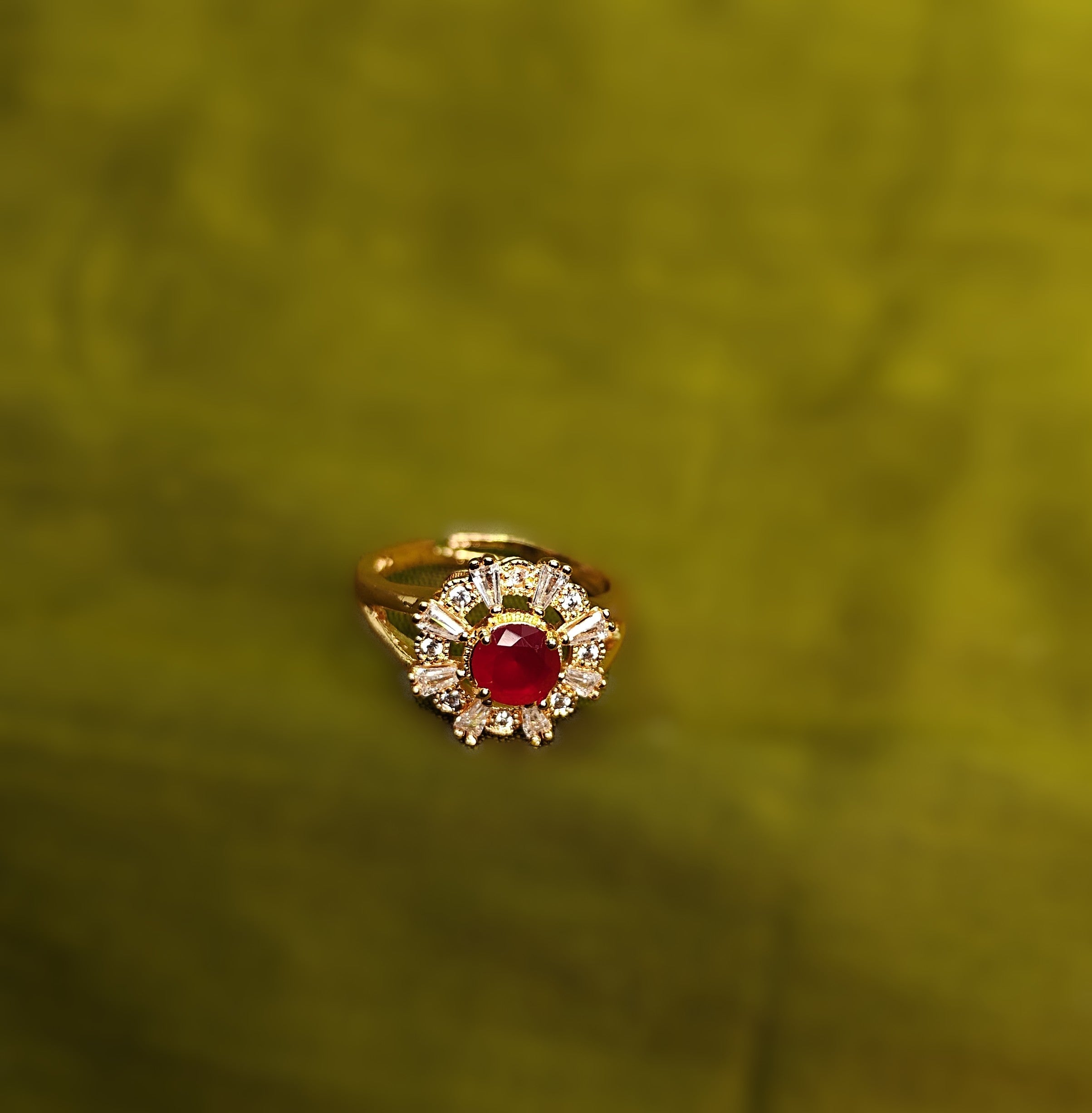 Gold-Tone Premium Ruby Oval Halo AD Ring with Floral Pattern for Women - Glossy Finish - Adjustable Size