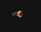 Gold-Tone Premium Ruby Oval Halo Small AD Ring with Floral Pattern for Women - Glossy Finish - Adjustable Size