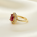 Gold-Tone Premium Ruby Oval Halo Small AD Ring with Floral Pattern for Women - Glossy Finish - Adjustable Size