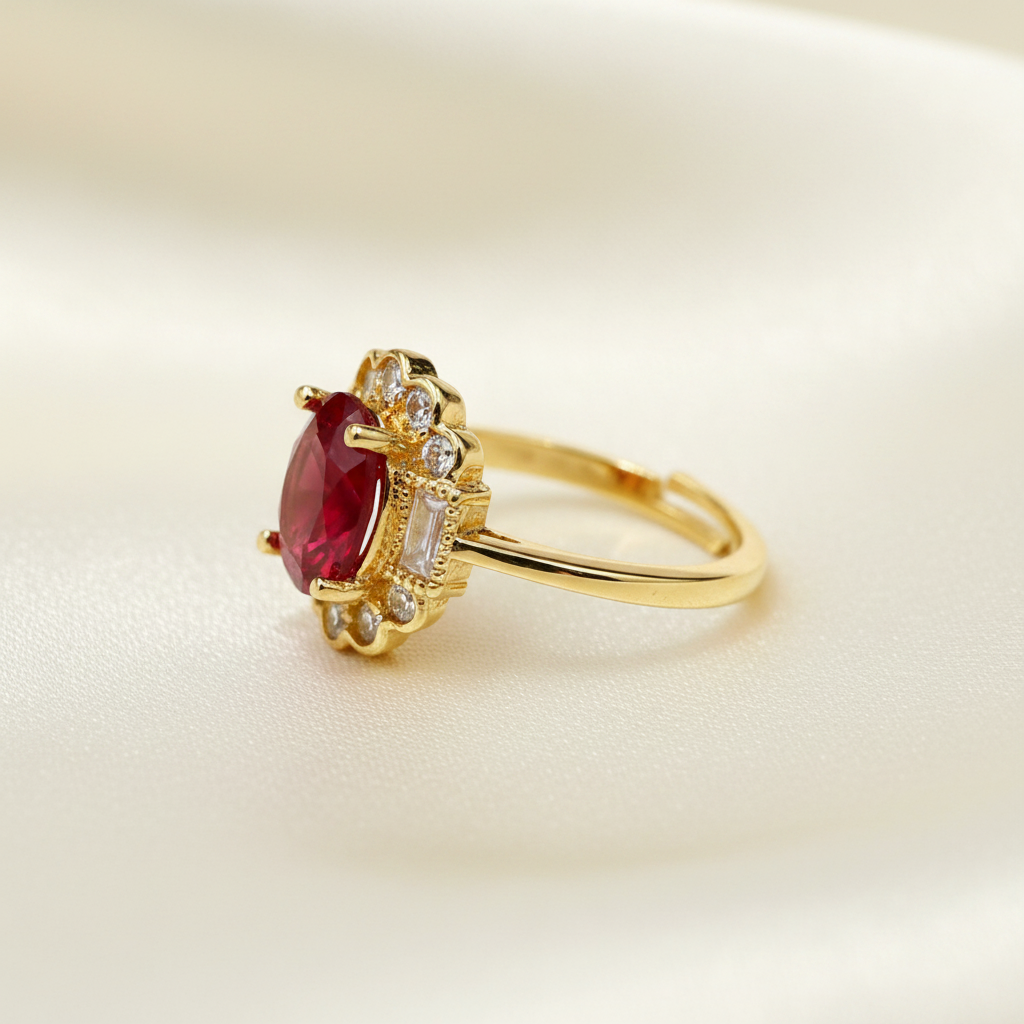 Gold-Tone Premium Ruby Oval Halo Small AD Ring with Floral Pattern for Women - Glossy Finish - Adjustable Size