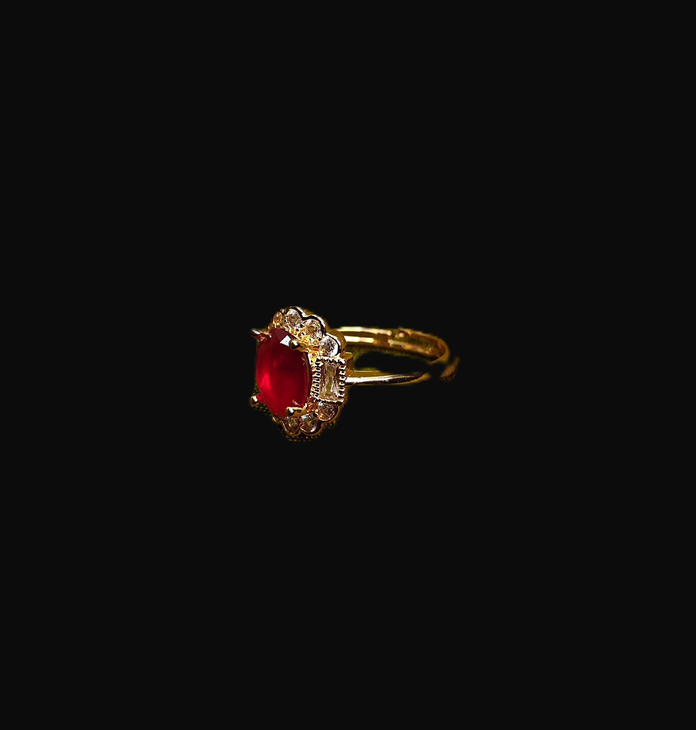 Gold-Tone Premium Ruby Oval Halo Small AD Ring with Floral Pattern for Women - Glossy Finish - Adjustable Size
