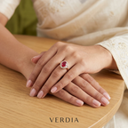 Gold-Tone Premium Ruby Oval Halo Small AD Ring with Floral Pattern for Women - Glossy Finish - Adjustable Size