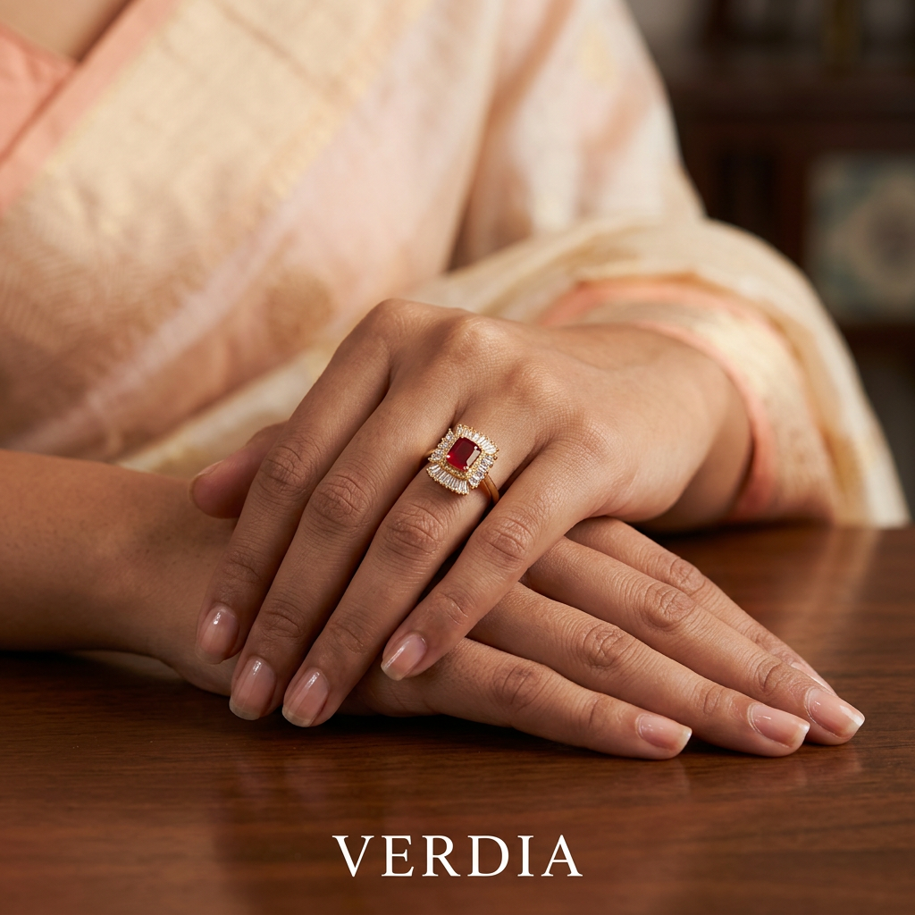 Gold-Tone Premium Ruby Square Halo AD Ring with Geometric Pattern for Women - Glossy Finish - Adjustable Size