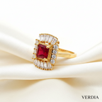 Gold-Tone Premium Ruby Square Halo AD Ring with Geometric Pattern for Women - Glossy Finish - Adjustable Size