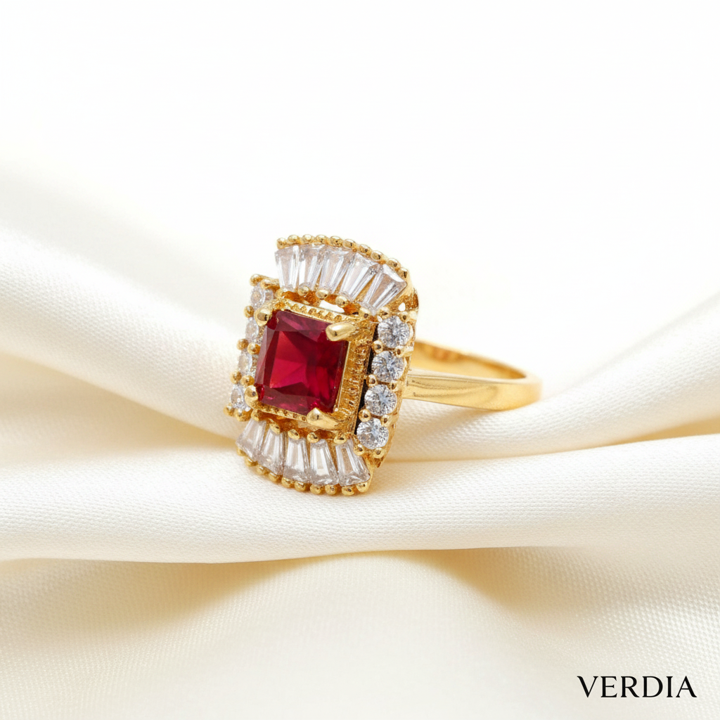 Gold-Tone Premium Ruby Square Halo AD Ring with Geometric Pattern for Women - Glossy Finish - Adjustable Size