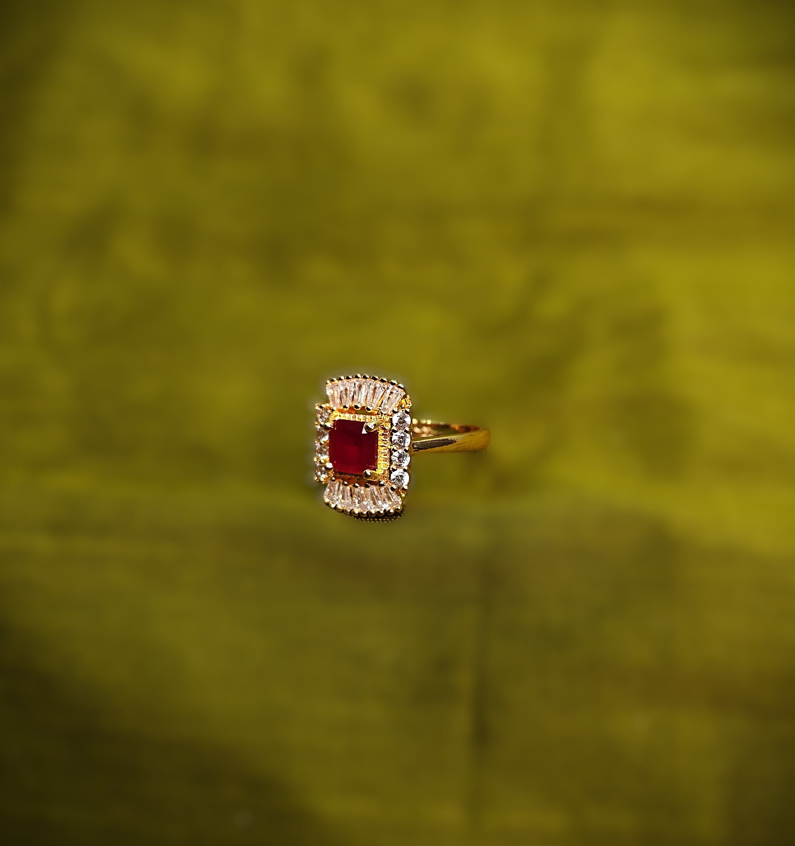 Gold-Tone Premium Ruby Square Halo AD Ring with Geometric Pattern for Women - Glossy Finish - Adjustable Size