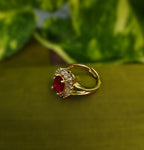 Gold-Tone Premium Ruby Oval Halo Big AD Ring for Women - Glossy Finish - Adjustable Size