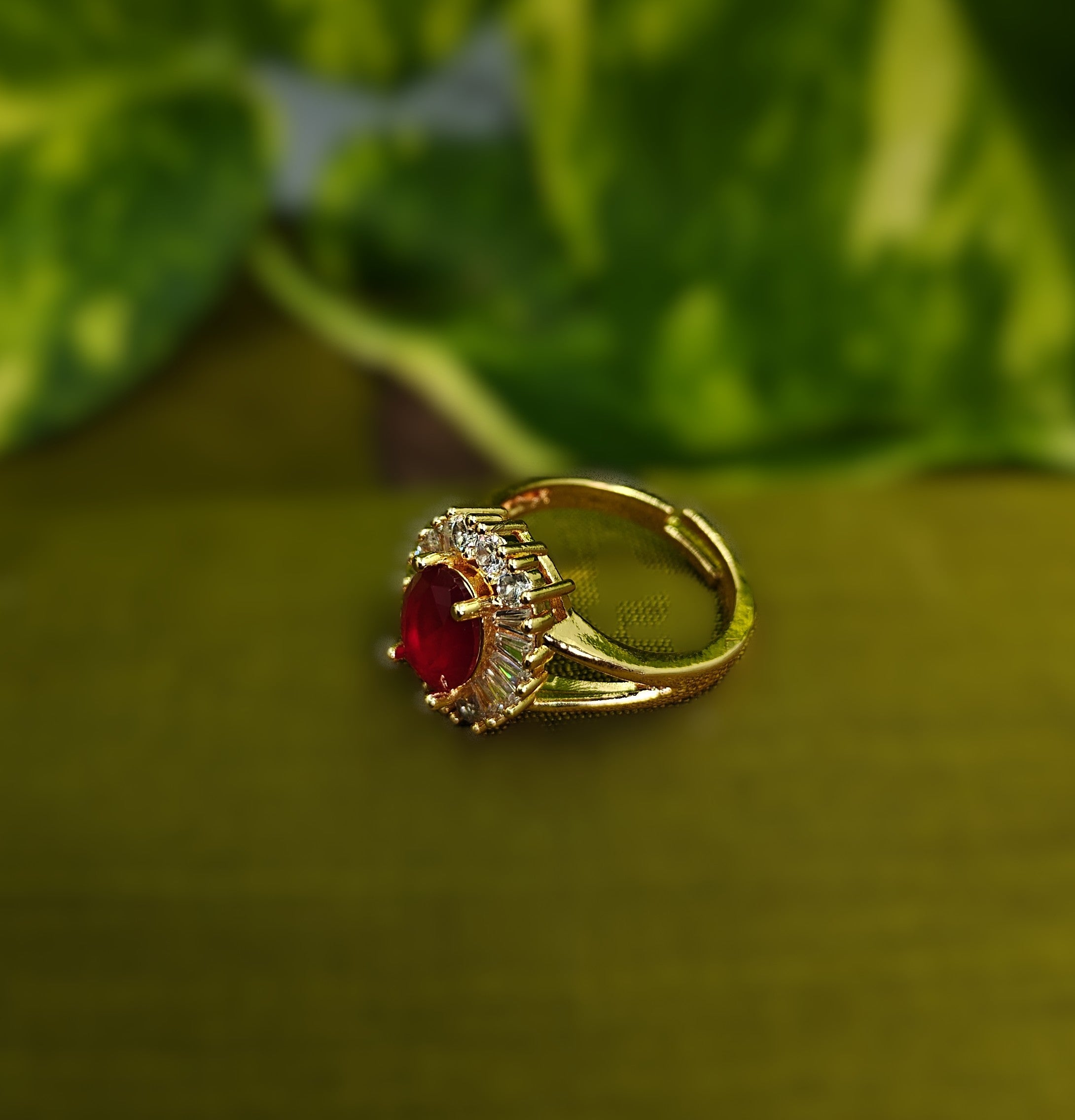 Gold-Tone Premium Ruby Oval Halo Big AD Ring for Women - Glossy Finish - Adjustable Size