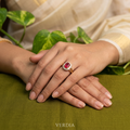 Gold-Tone Premium Ruby Oval Halo Big AD Ring for Women - Glossy Finish - Adjustable Size