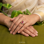 Gold-Tone Premium Ruby Oval Halo Big AD Ring for Women - Glossy Finish - Adjustable Size