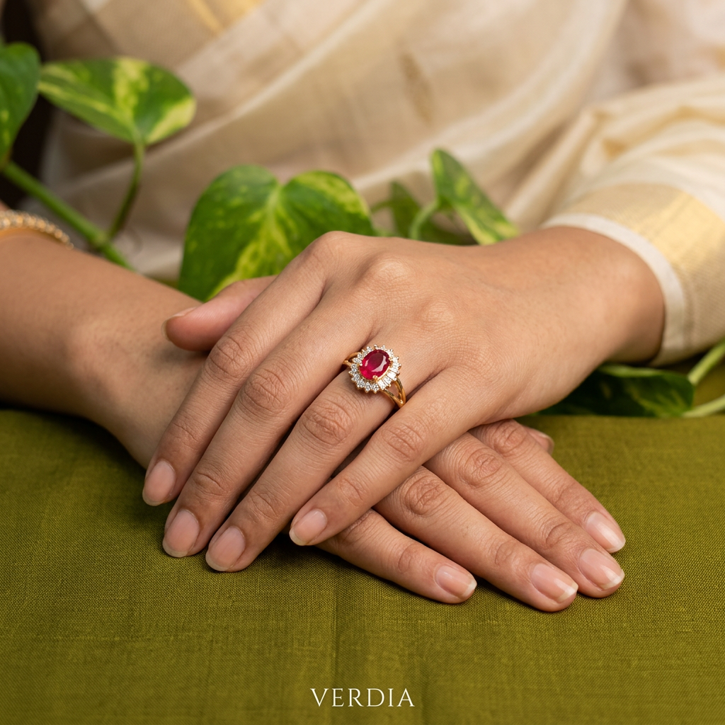 Gold-Tone Premium Ruby Oval Halo Big AD Ring for Women - Glossy Finish - Adjustable Size