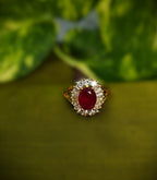 Gold-Tone Premium Ruby Oval Halo Big AD Ring for Women - Glossy Finish - Adjustable Size