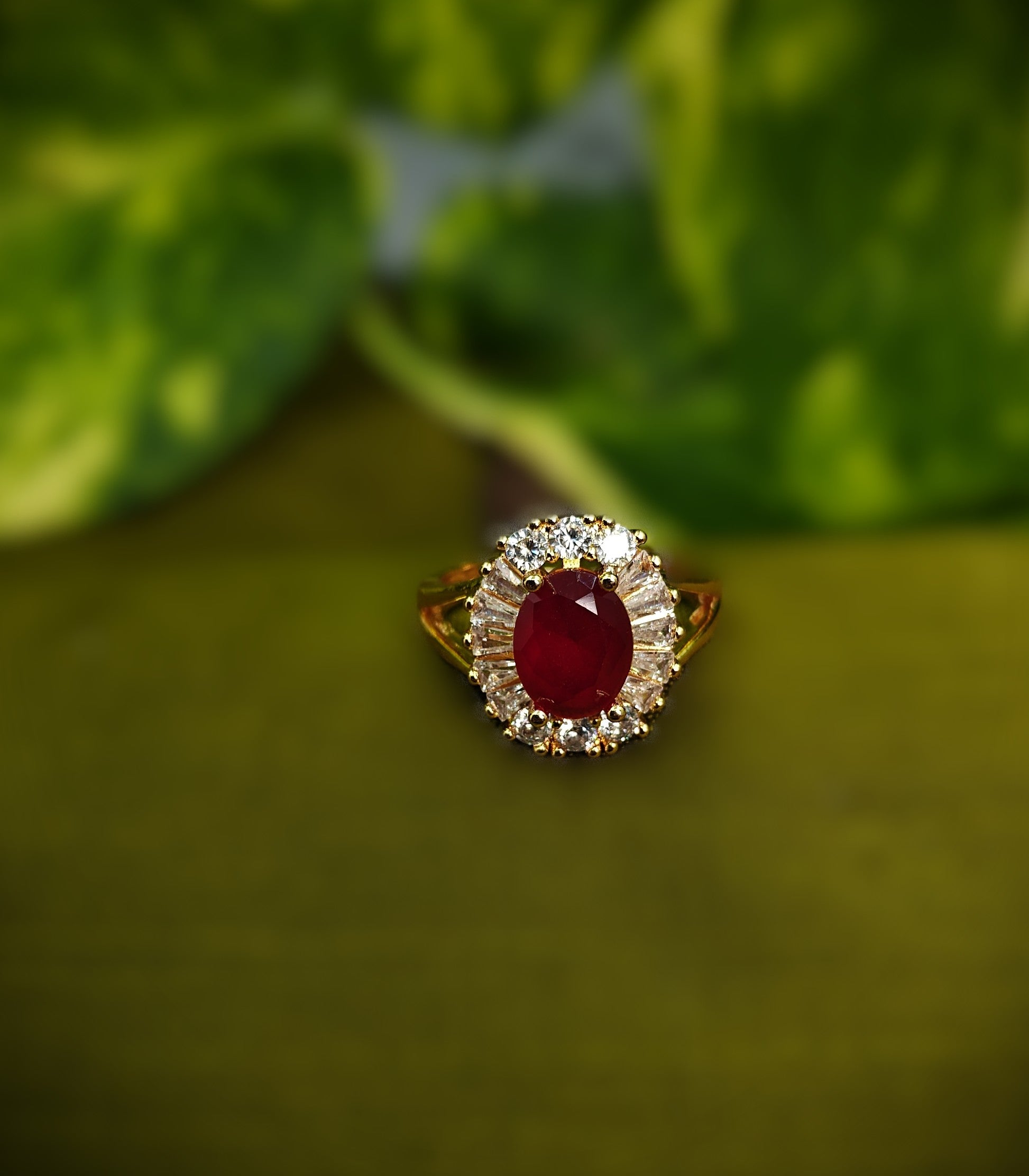 Gold-Tone Premium Ruby Oval Halo Big AD Ring for Women - Glossy Finish - Adjustable Size