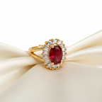 Gold-Tone Premium Ruby Oval Halo Big AD Ring for Women - Glossy Finish - Adjustable Size