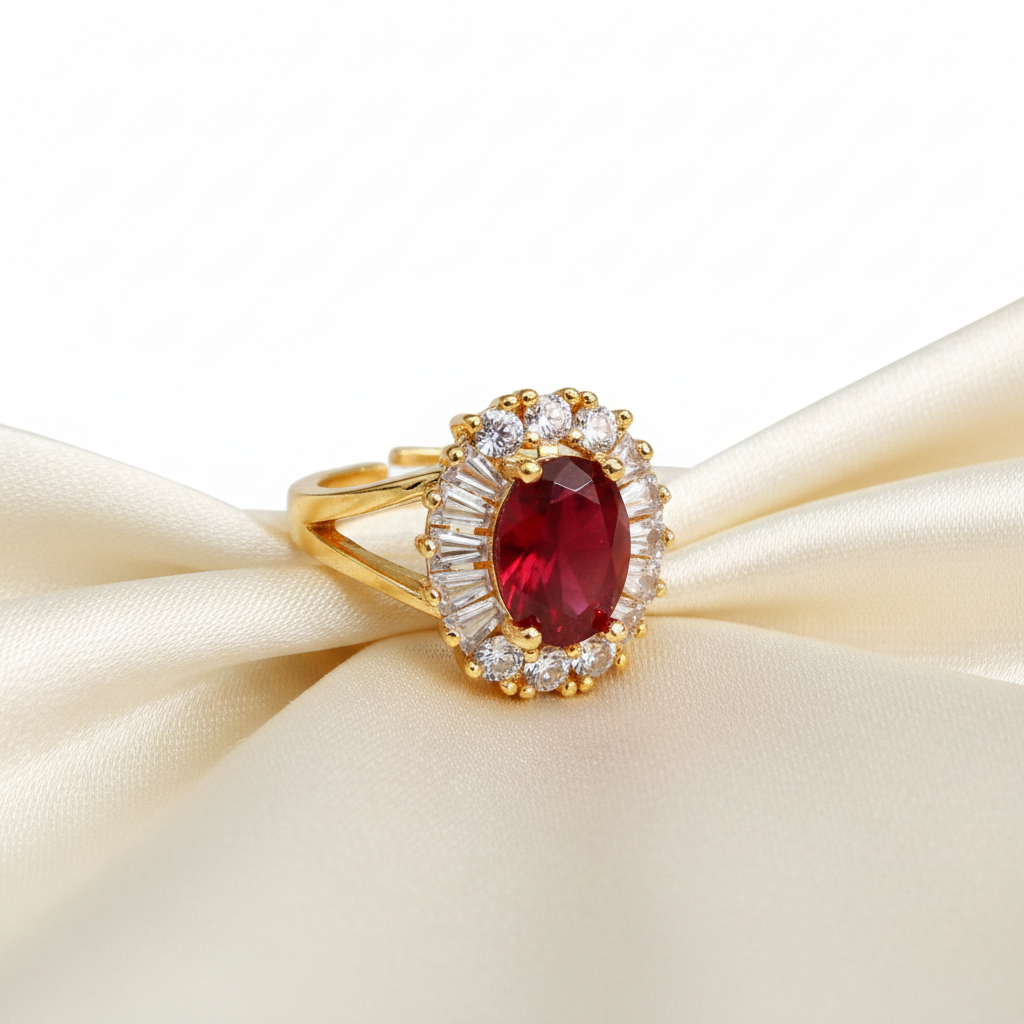 Gold-Tone Premium Ruby Oval Halo Big AD Ring for Women - Glossy Finish - Adjustable Size