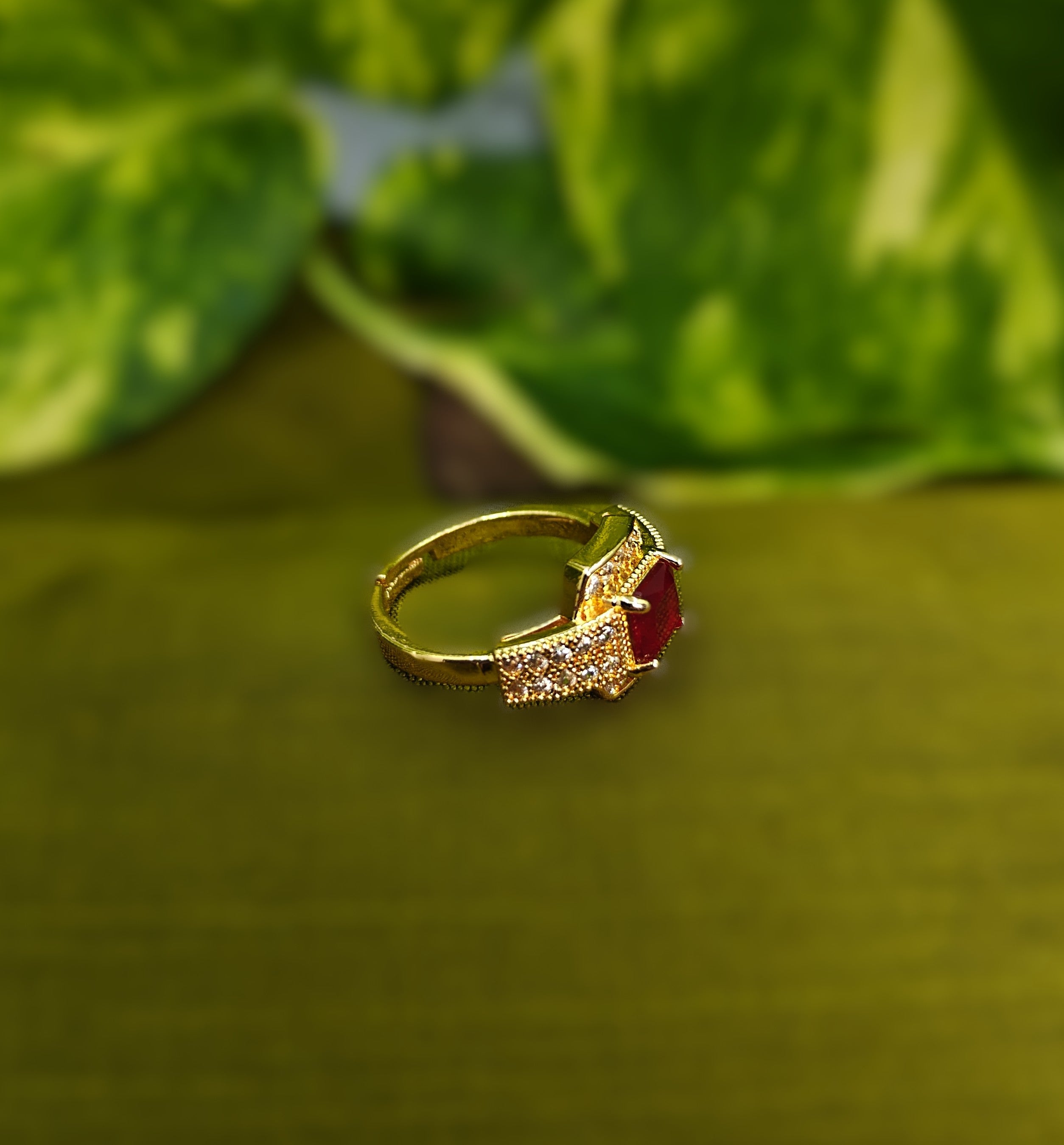 Gold-Tone Premium Ruby Square Halo AD Ring for Women - Glossy Finish - Adjustable Size