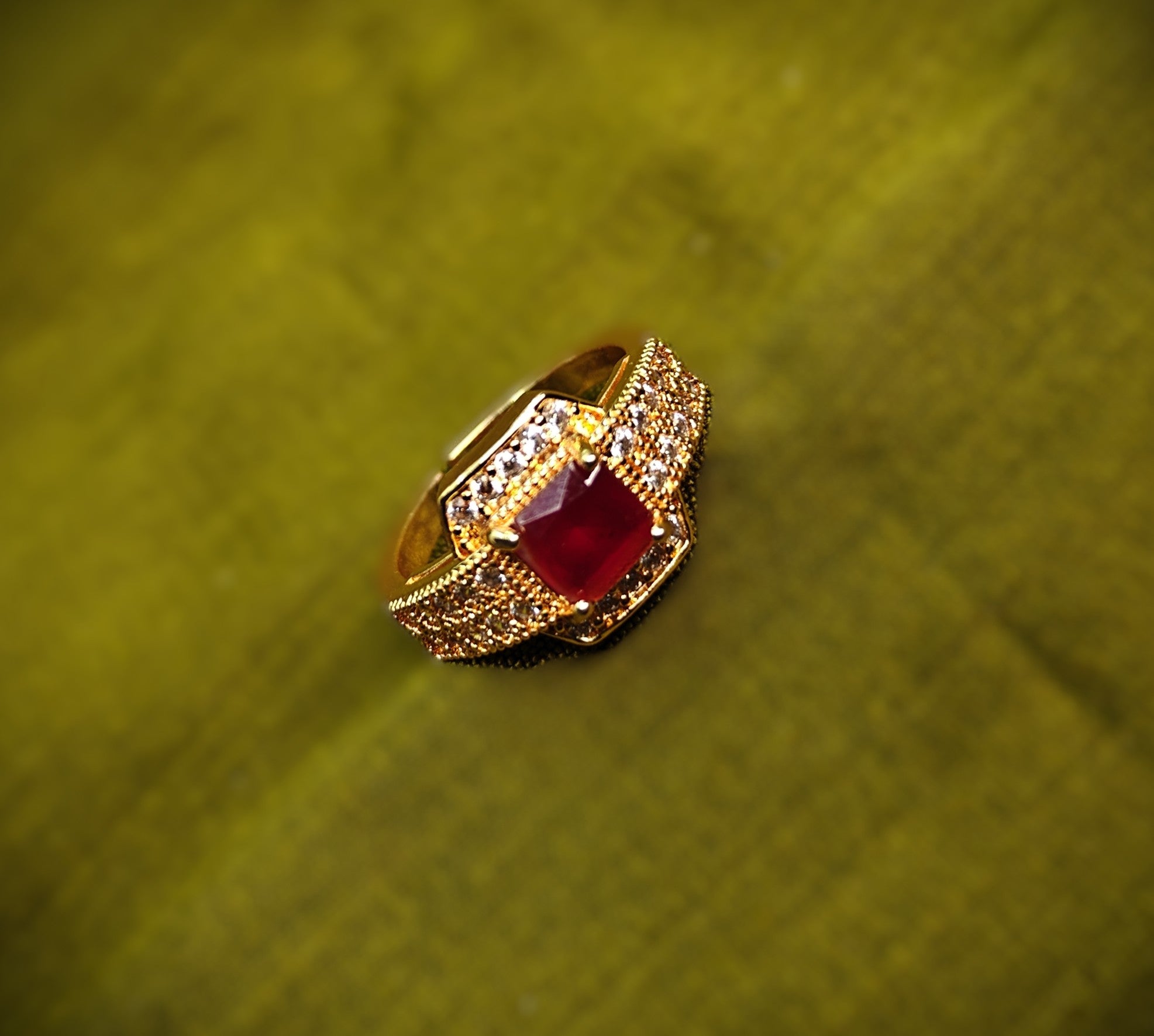 Gold-Tone Premium Ruby Square Halo AD Ring for Women - Glossy Finish - Adjustable Size