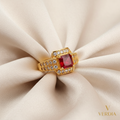 Gold-Tone Premium Ruby Square Halo AD Ring for Women - Glossy Finish - Adjustable Size