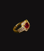 Gold-Tone Premium Ruby Square Halo AD Ring for Women - Glossy Finish - Adjustable Size