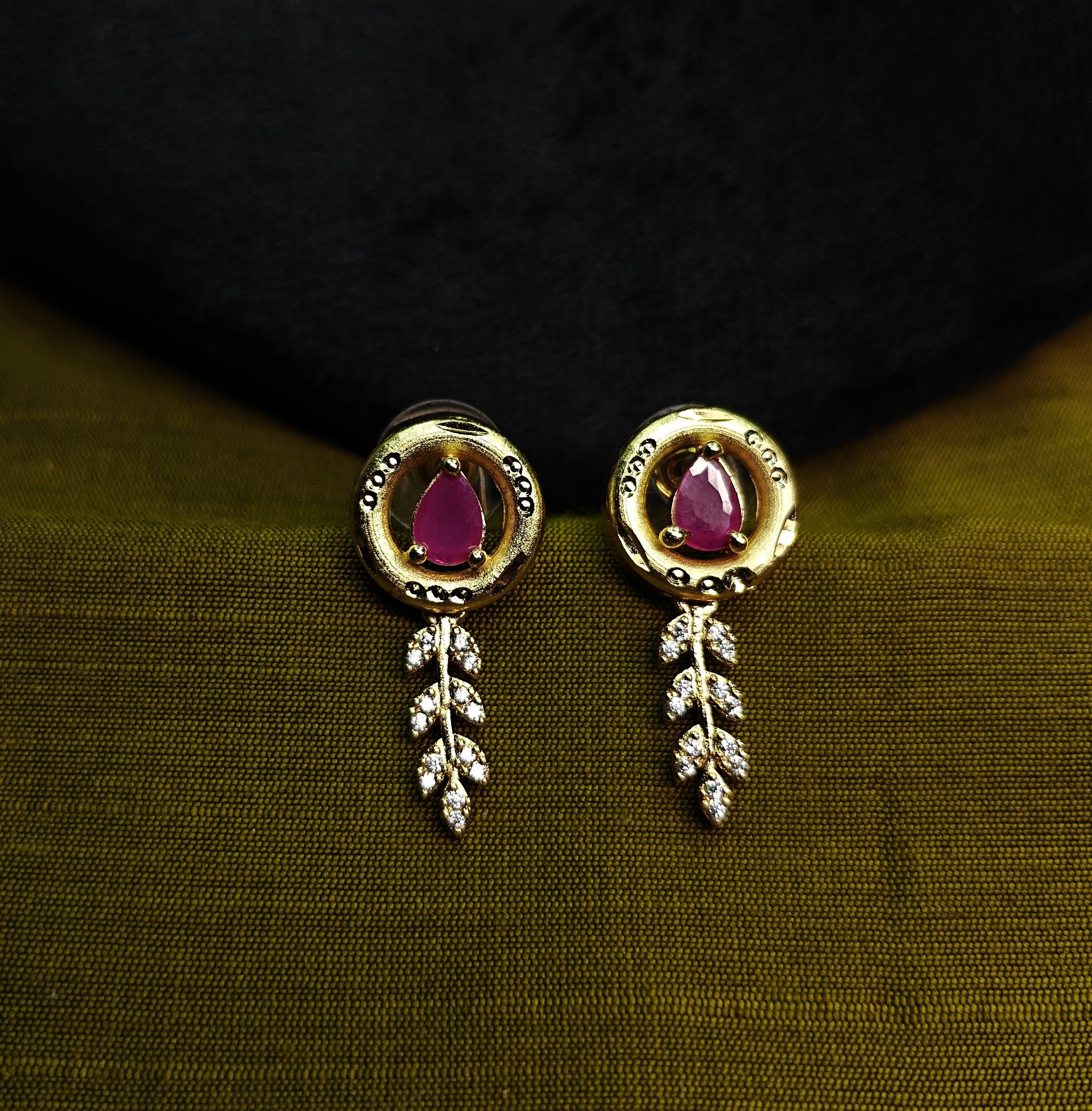 Gold-Tone V-Neck Lariat Pink Stone AD Premium Necklace Set for Women - Glossy Finish