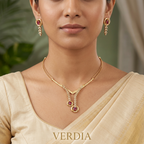 Gold-Tone V-Neck Lariat Pink Stone AD Premium Necklace Set for Women - Glossy Finish