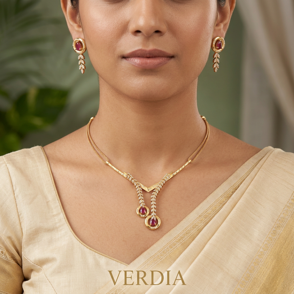 Gold-Tone V-Neck Lariat Pink Stone AD Premium Necklace Set for Women - Glossy Finish