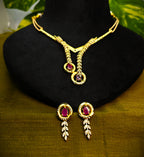Gold-Tone V-Neck Lariat Pink Stone AD Premium Necklace Set for Women - Glossy Finish