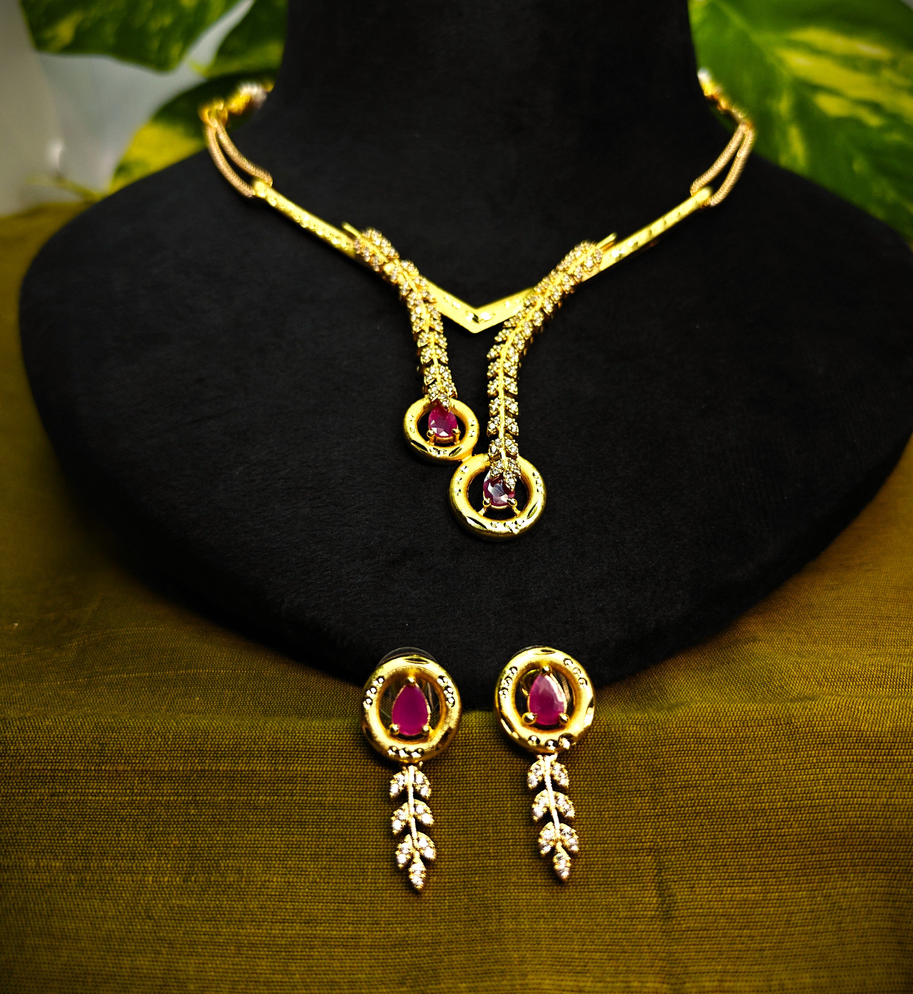 Gold-Tone V-Neck Lariat Pink Stone AD Premium Necklace Set for Women - Glossy Finish