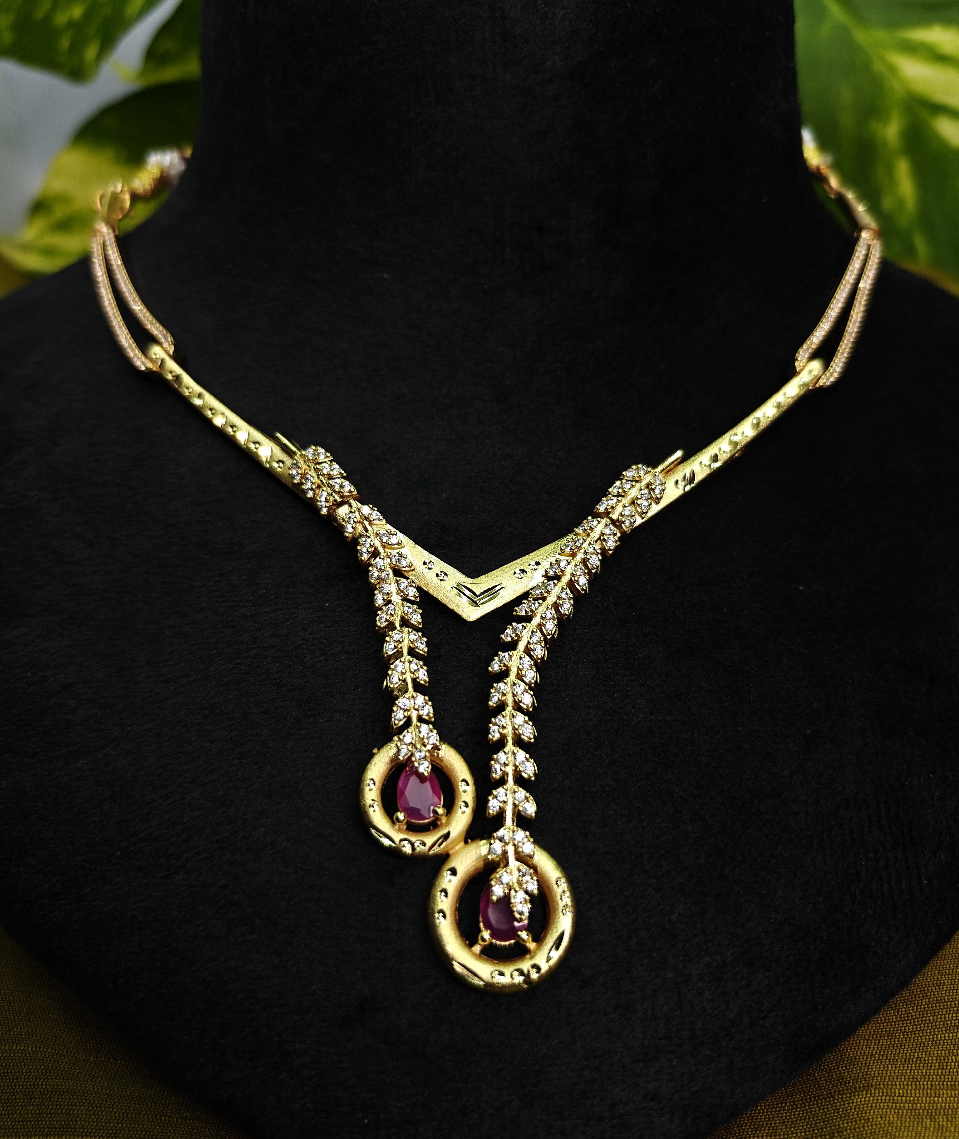 Gold-Tone V-Neck Lariat Pink Stone AD Premium Necklace Set for Women - Glossy Finish