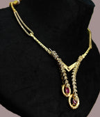 Gold-Tone V-Neck Lariat Pink Stone AD Premium Necklace Set for Women - Glossy Finish