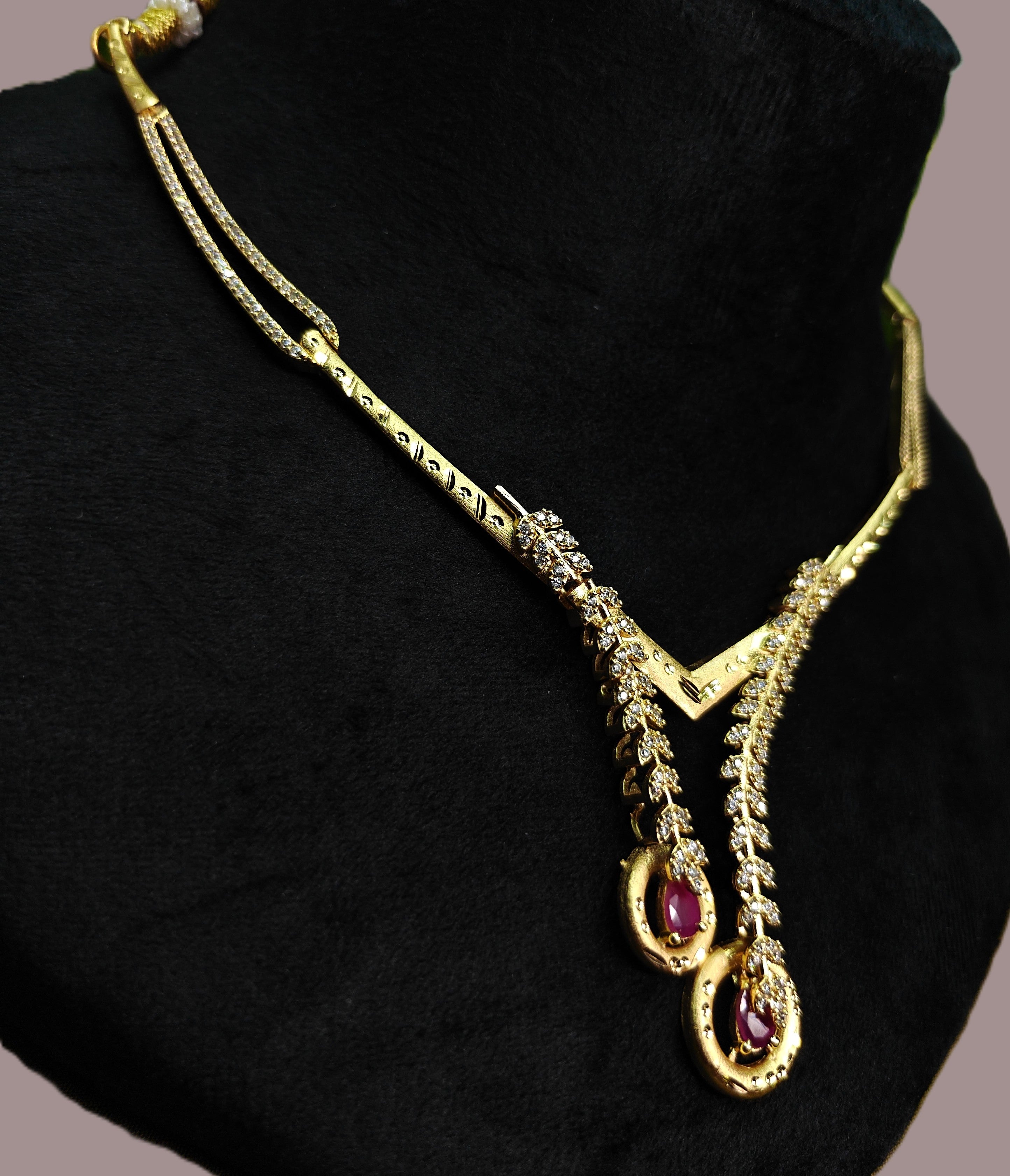 Gold-Tone V-Neck Lariat Pink Stone AD Premium Necklace Set for Women - Glossy Finish