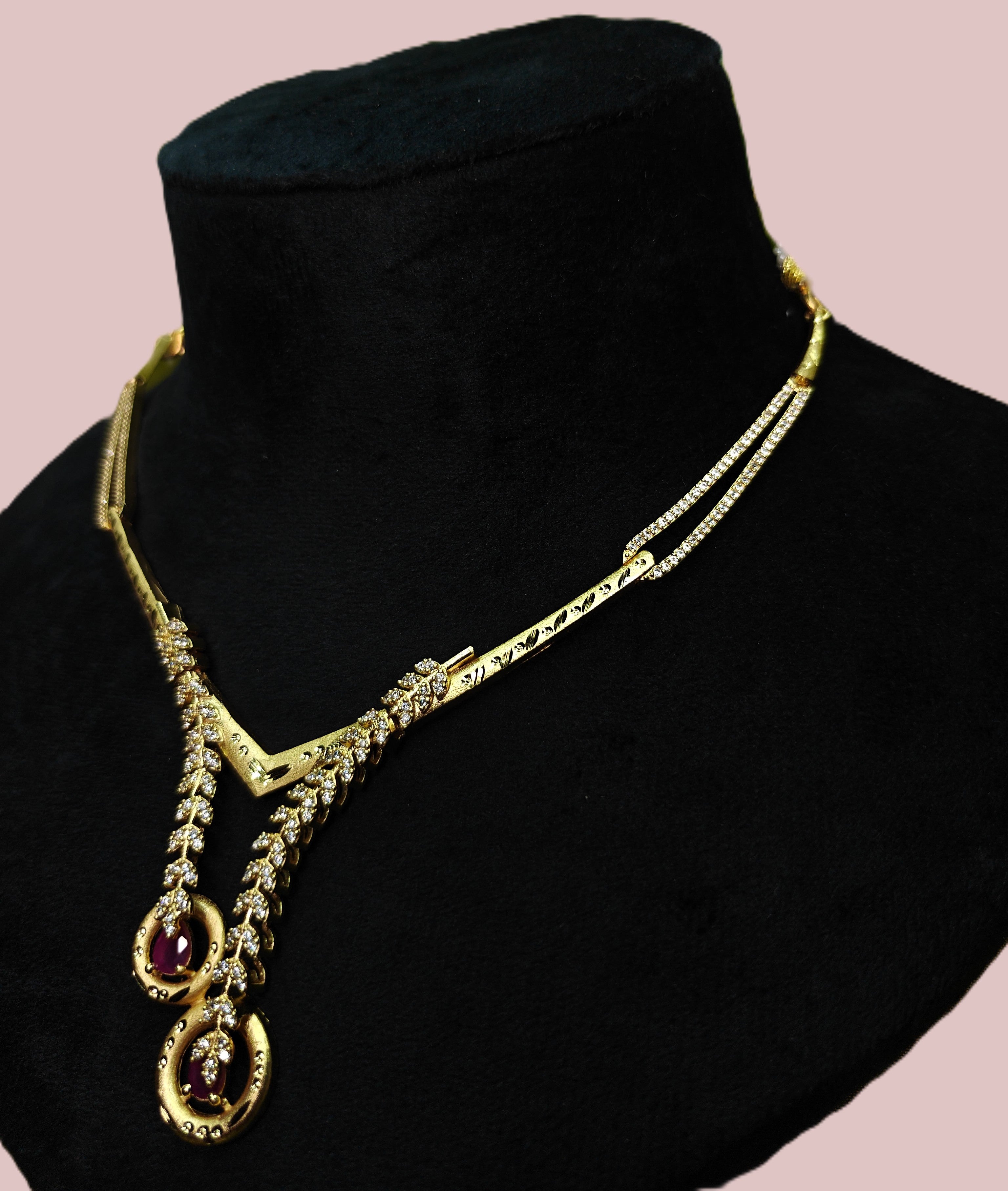Gold-Tone V-Neck Lariat Pink Stone AD Premium Necklace Set for Women - Glossy Finish